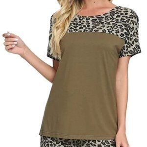 Women's Leopard Short Sleeve Top Splicing Short Sets Pajama Sleepwear- Large